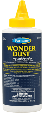 A four-ounce bottle of Farnam Wonder Dust wound powder for horses and livestock.