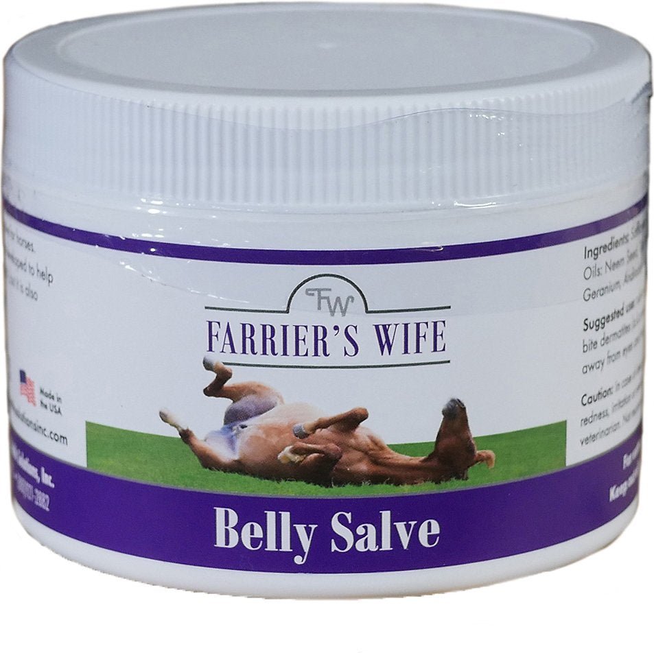 A seven-ounce white jar of Farrier's Wife Belly Salve featuring a horse rolling on grass.