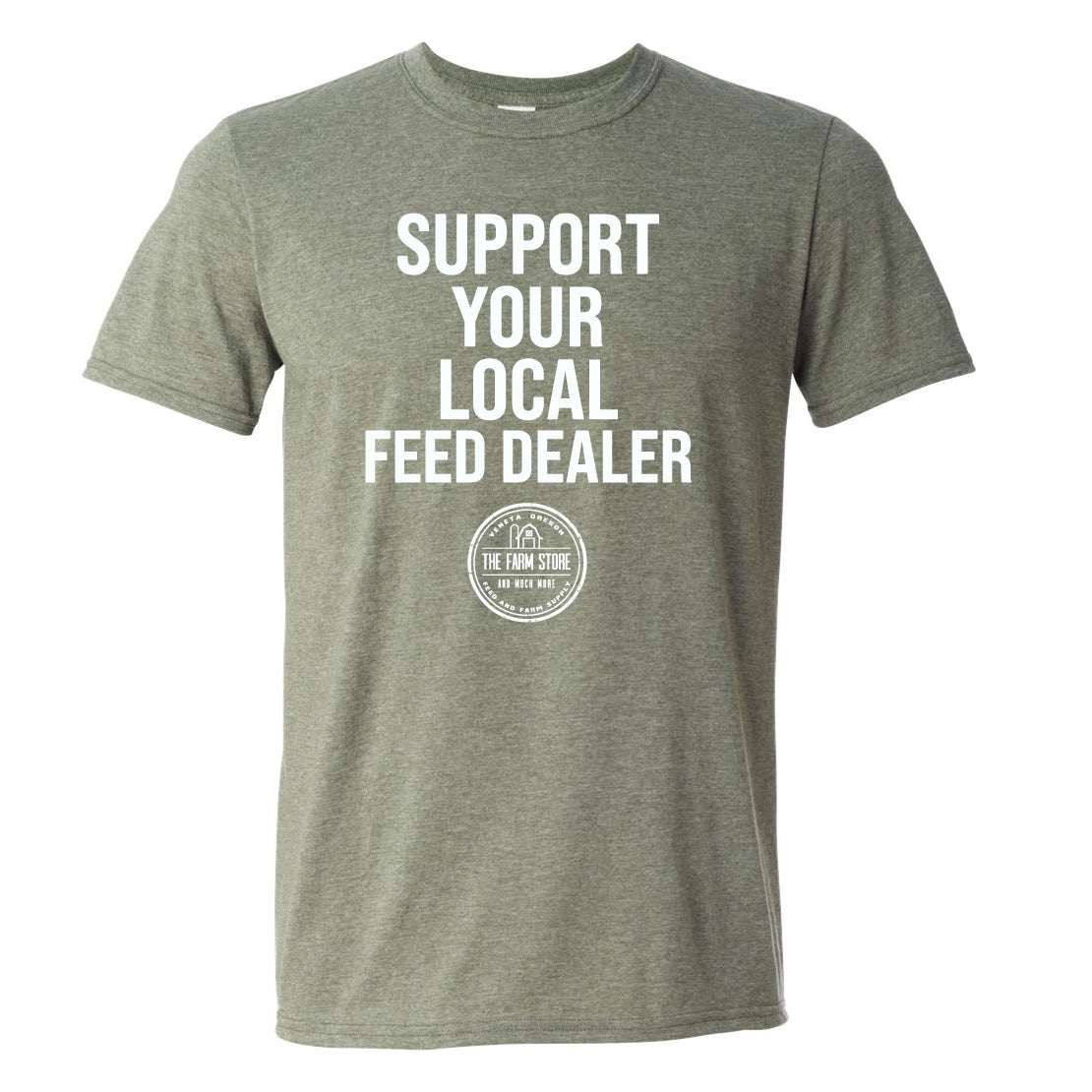 A heathered olive green t-shirt featuring the white text Support Your Local Feed Dealer.