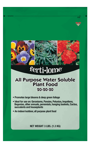 A three-pound bag of Ferti-Lome 20-20-20 all-purpose water-soluble plant food.