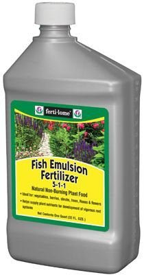 A one-quart bottle of Ferti-Lome Fish Emulsion Fertilizer with a 5-1-1 nutrient ratio.