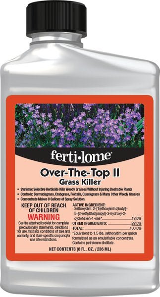 An 8-ounce bottle of Ferti-Lome Over-The-Top II grass killer with an orange and black label.