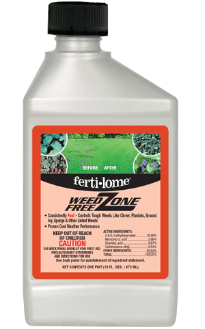 A sixteen-ounce bottle of Ferti-Lome Weed Free Zone herbicide concentrate.