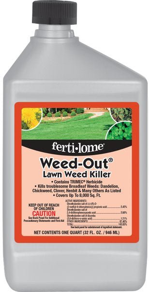 A 32-ounce bottle of Ferti-Lome Weed-Out lawn weed killer with an orange label.