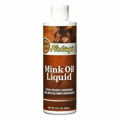 An eight-ounce bottle of Fiebing's Liquid Mink Oil for softening and waterproofing leather.