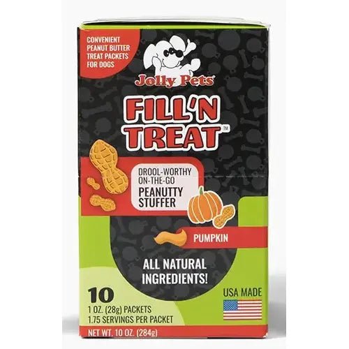 A box of Jolly Pets Fill'n Treat pumpkin and peanut butter dog treat packets.