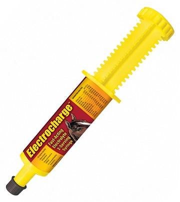 A yellow oral syringe of Finish Line Electrocharge electrolyte paste for horses.