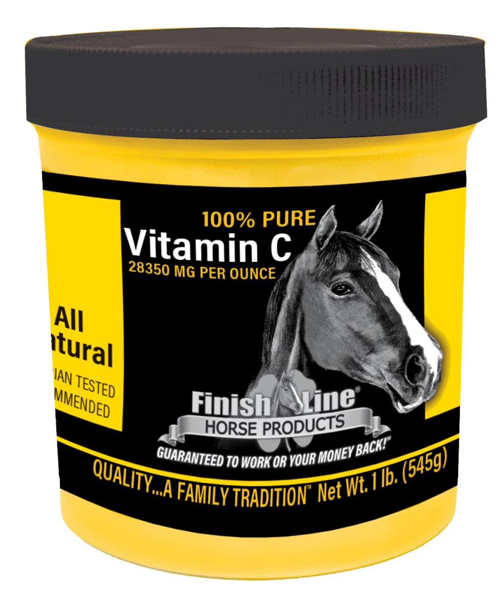 A one-pound yellow container of Finish Line Vitamin C powder for horses.