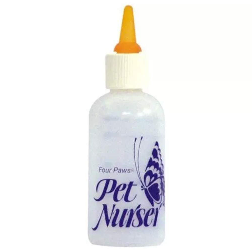 A small, clear plastic bottle with a white cap and an orange nipple for feeding pets.