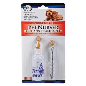 Four Paws Pet Nurser kit featuring a feeding bottle, bottle brush, and three nipples.