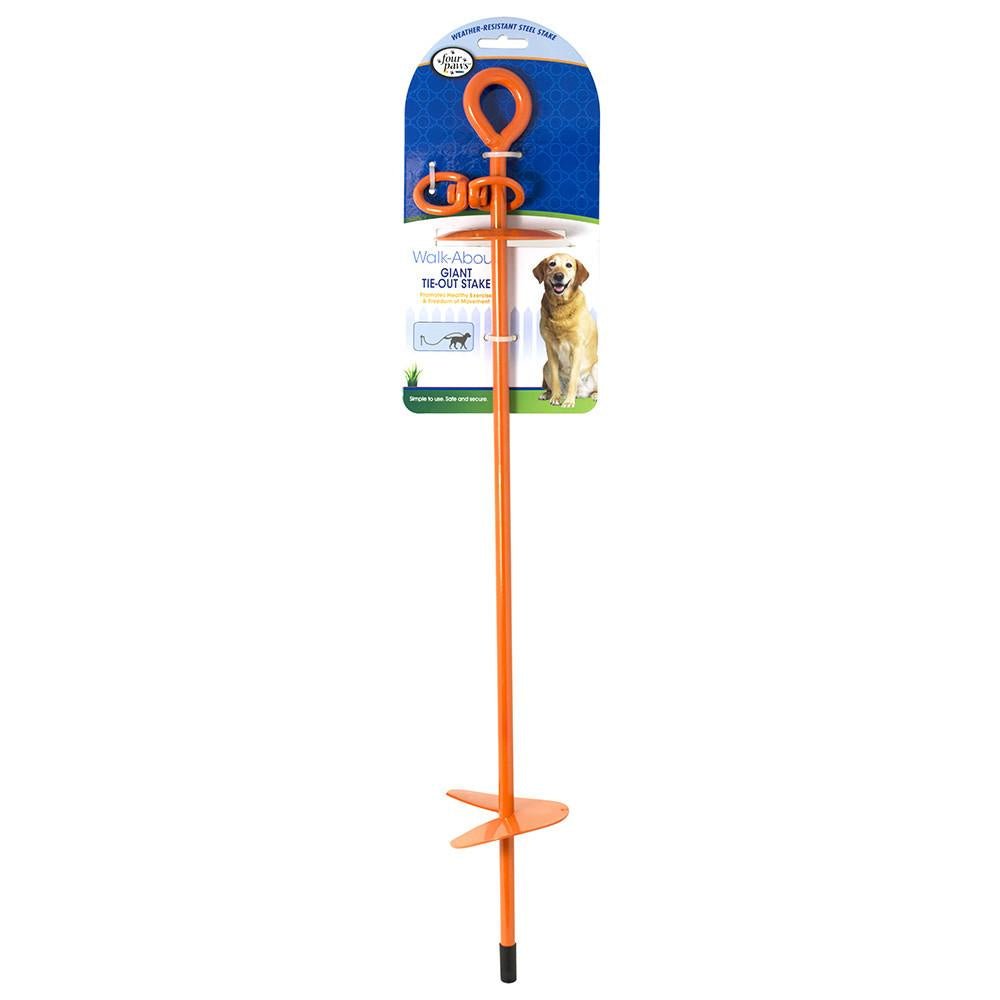 An orange metal dog tie-out stake with a spiral base and a swivel top on a display card.