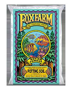 A bag of FoxFarm Ocean Forest potting soil featuring a colorful fish and forest illustration.