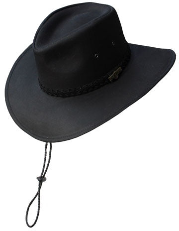 A black western-style oilcloth hat with a pinched crown, braided hatband, and chin strap.