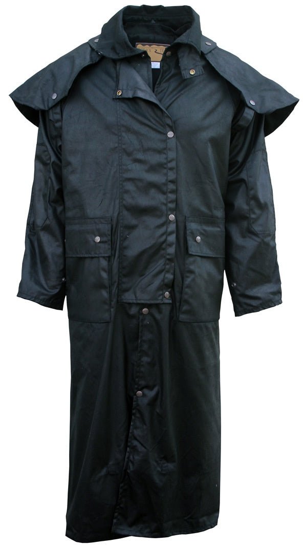 A black, full-length waxed cotton riding coat with a detachable shoulder cape and snap closures.