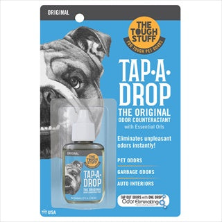 A small bottle of Tough Stuff Tap-A-Drop odor neutralizer on a blue card with a bulldog image.