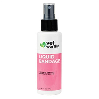 A 4 oz bottle of Vet Worthy liquid bandage spray for dogs with a white label and pink accent.