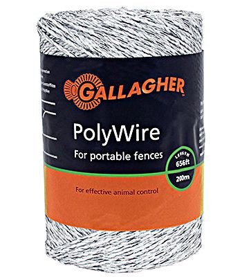 A spool of white and black Gallagher polywire for portable electric fencing.