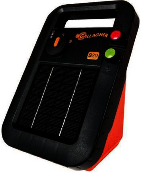 Gallagher S20 solar fence energizer with a black casing and integrated solar panel.