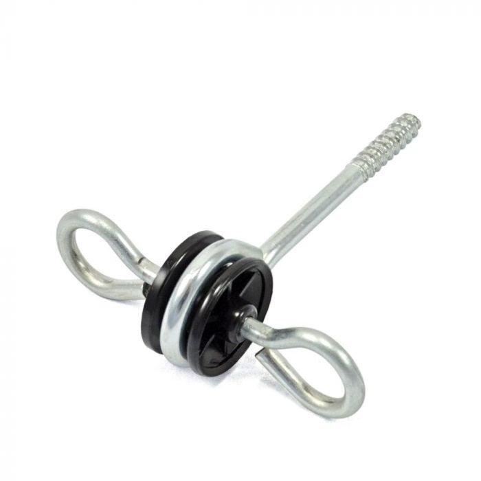 A metal gate handle anchor with an insulated black plastic spool for wood fence posts.