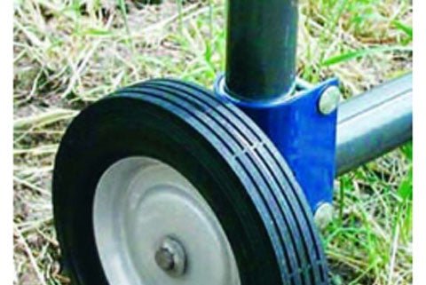 A black rubber gate wheel with a silver hub attached to a blue metal mounting bracket.