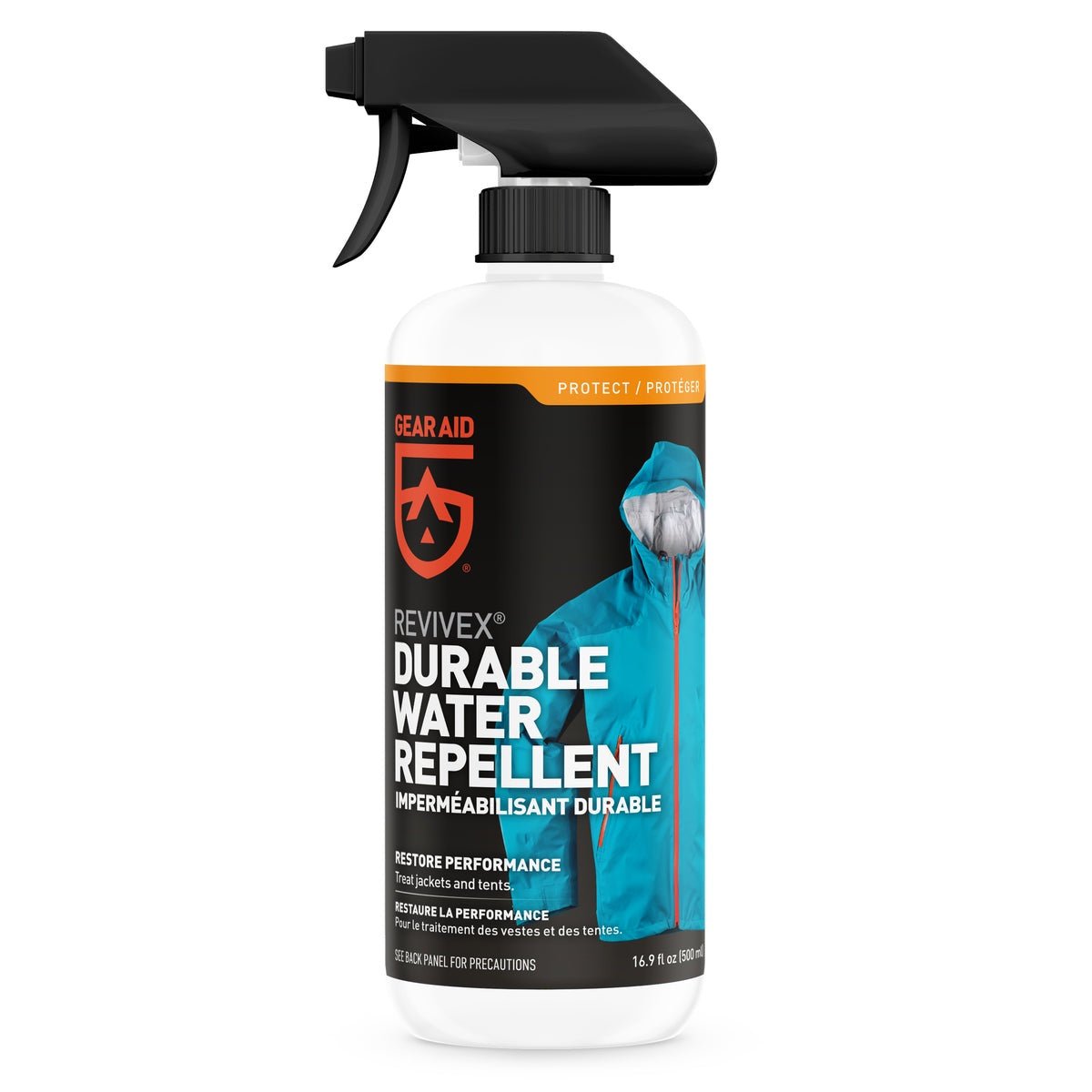 A 16.9 ounce spray bottle of Gear Aid Revivex Durable Water Repellent for outdoor gear.