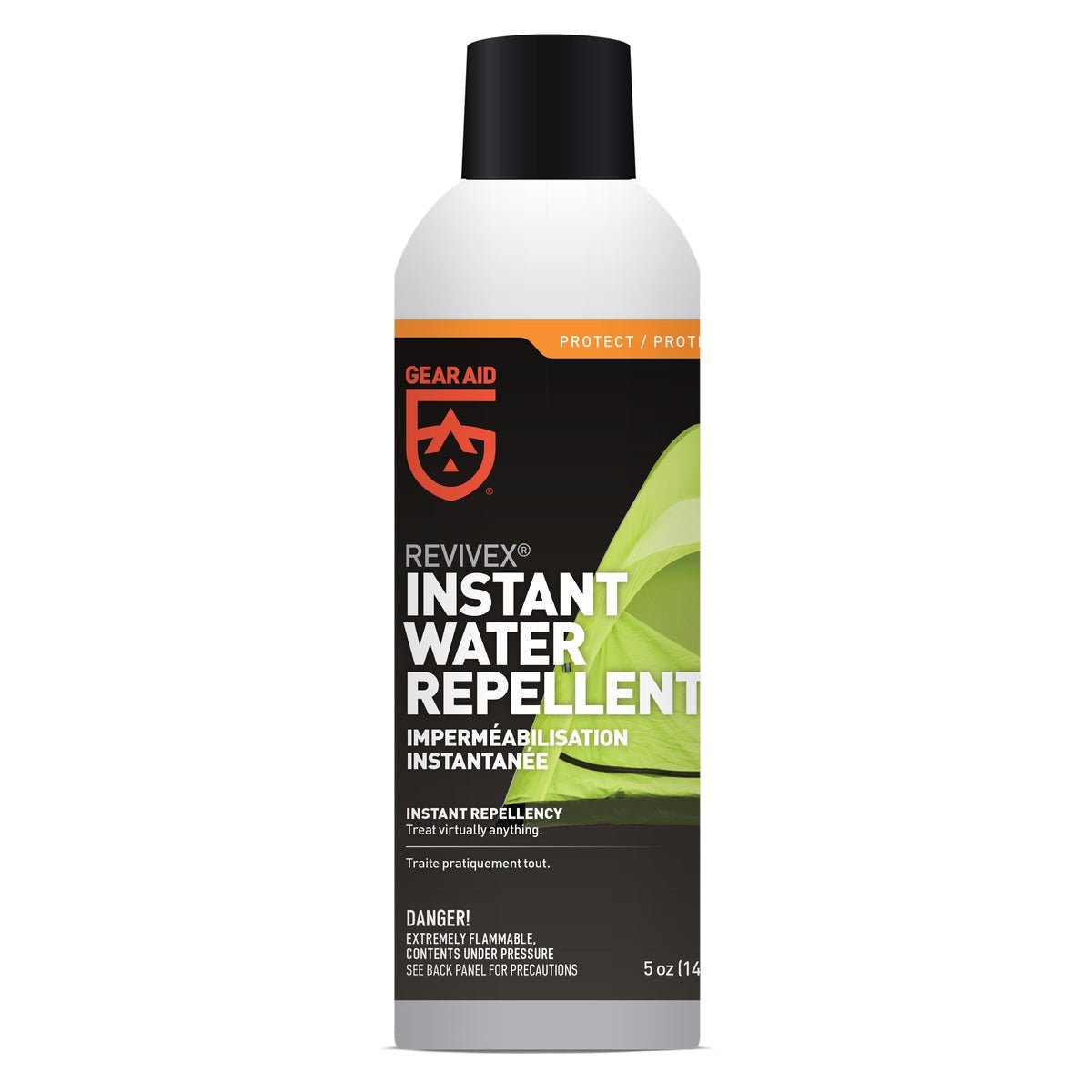 A 5 oz spray bottle of Gear Aid Revivex Instant Water Repellent with a black cap.