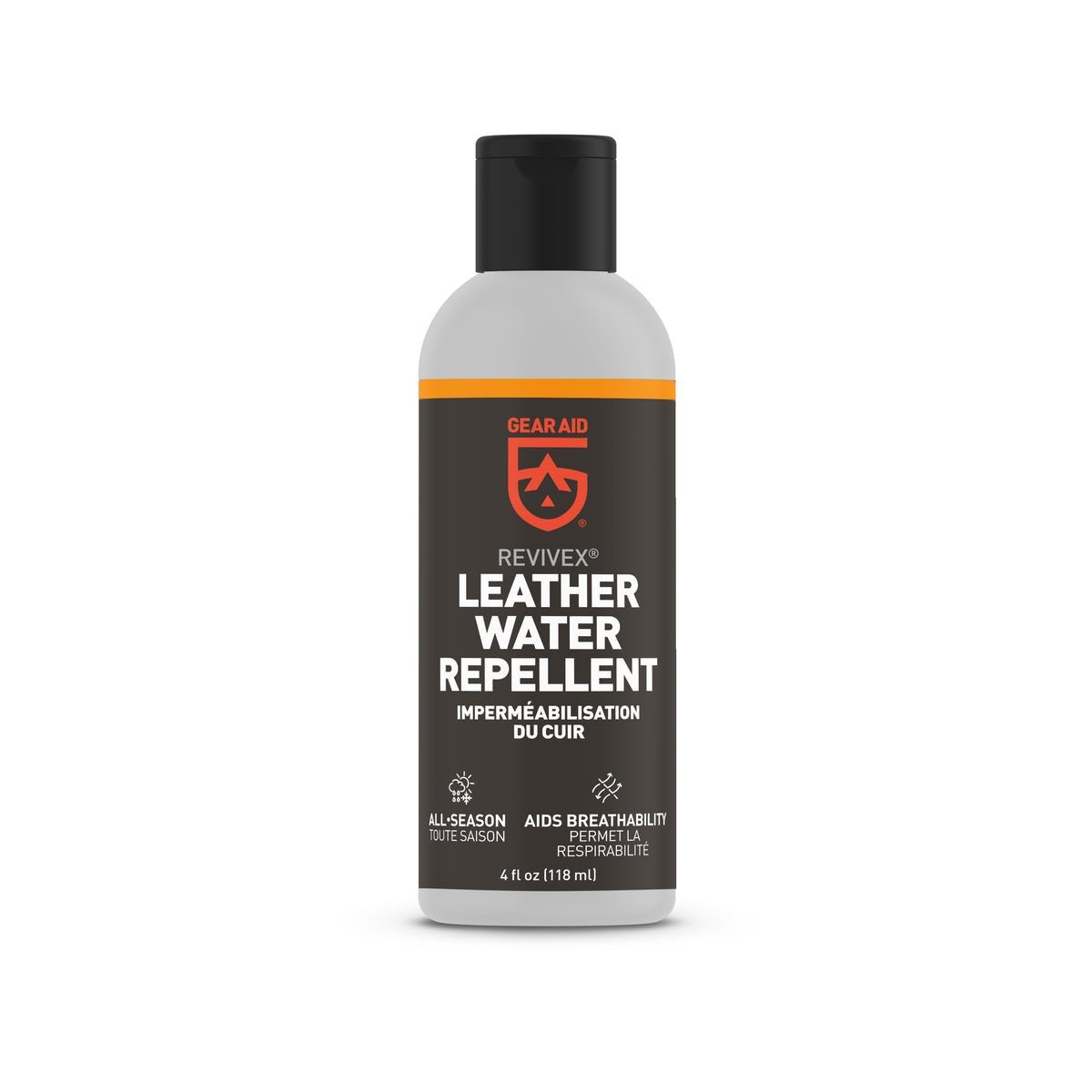 A 4 fluid ounce bottle of Gear Aid Revivex Leather Water Repellent with a black cap.