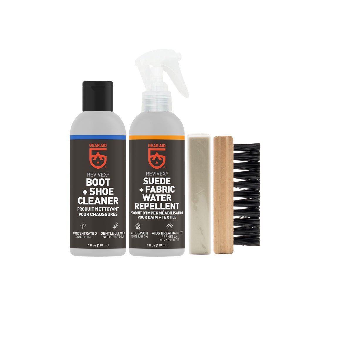 A Gear Aid boot care kit containing cleaner, water repellent, a brush, and an eraser block.