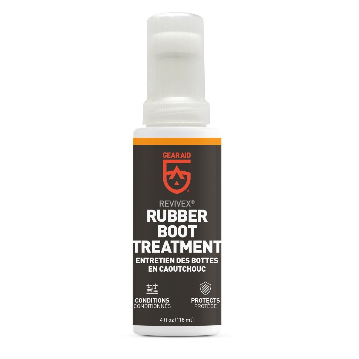 A 4 fl oz spray bottle of Gear Aid Revivex Rubber Boot Treatment for conditioning and protection.