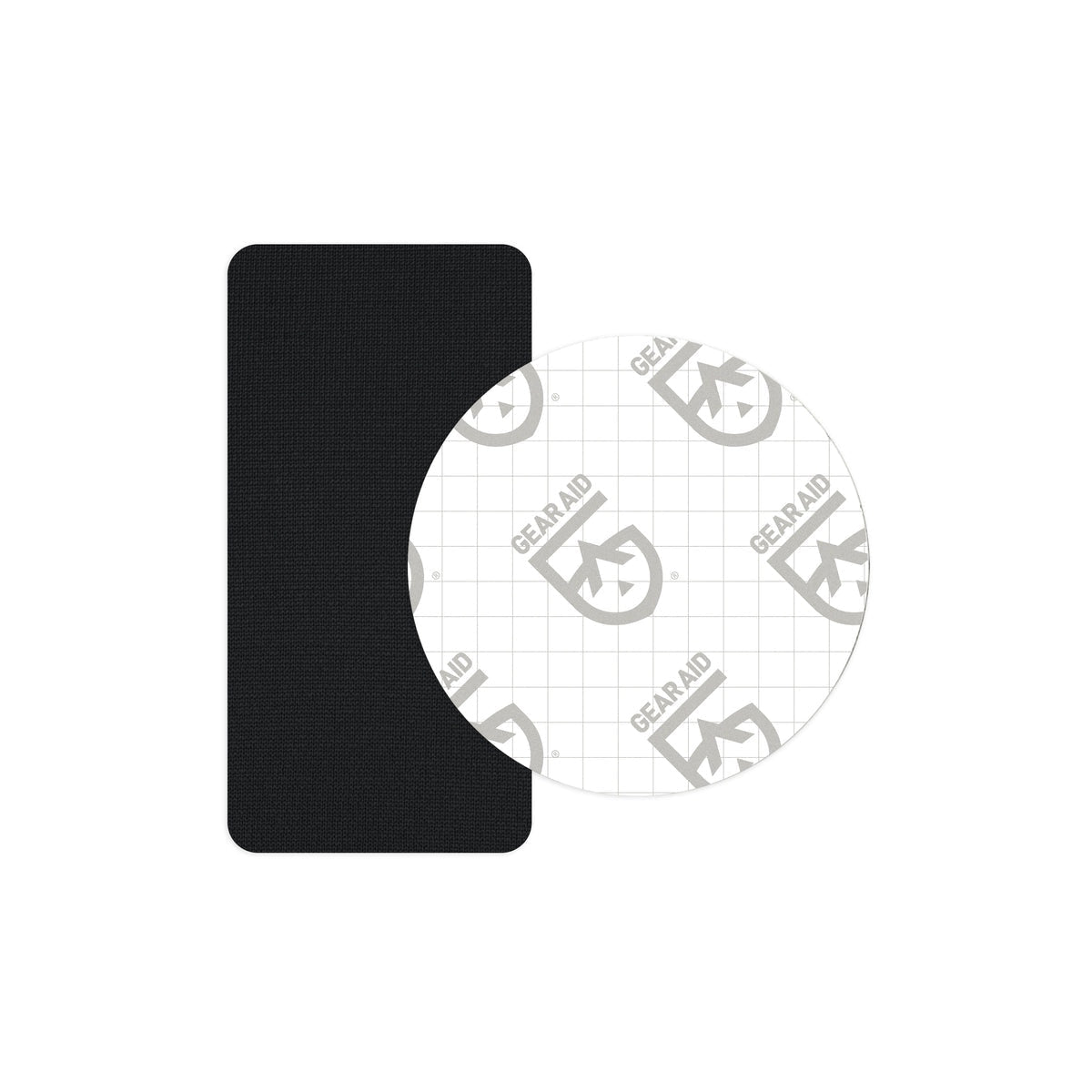 A black rectangular fabric patch and a circular clear adhesive patch with Gear Aid branding.