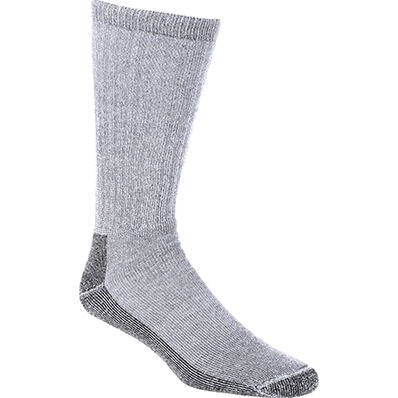 A grey crew-length sock with a reinforced dark grey heel and toe.
