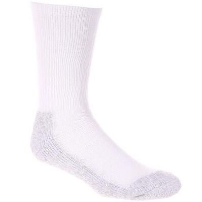 A white crew-length cotton sock with a gray reinforced heel and toe.