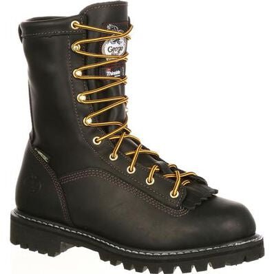 A black leather lace-to-toe work boot with a thick lug sole and yellow-patterned laces.
