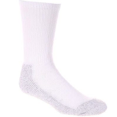 A white crew-length work sock with a grey reinforced heel and toe.