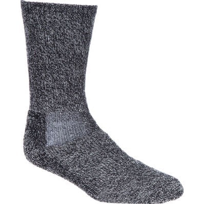 A black merino wool crew sock with a textured knit and reinforced arch support.