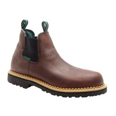 A brown leather Georgia Romeo work boot with a black elastic side panel and a thick lug sole.