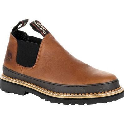 A brown leather Georgia Romeo work shoe with twin gore panels and a black lug sole.