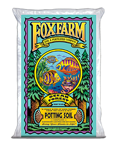 A bag of FoxFarm Ocean Forest potting soil featuring a colorful illustration of fish and trees.