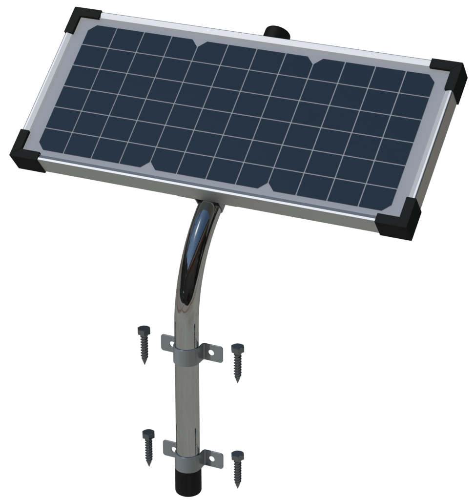A 10-watt monocrystalline solar panel with metal mounting brackets and hardware.