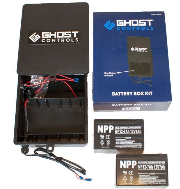 A Ghost Controls battery box kit with two 12V 7Ah batteries and wiring.
