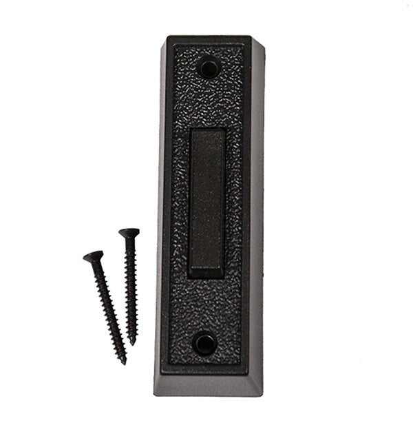 A black rectangular wired push-button for gate systems with two included mounting screws.