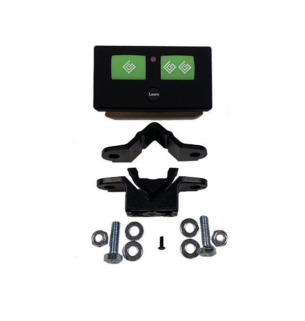 Ghost Controls AXR1 remote transmitter with mounting hardware and visor clip.