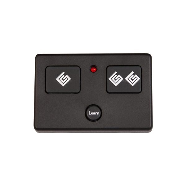 A black Ghost Controls three-button remote transmitter with a red LED indicator light.