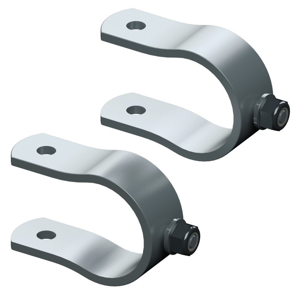 Two steel U-shaped tube gate brackets with included mounting bolts and nuts.