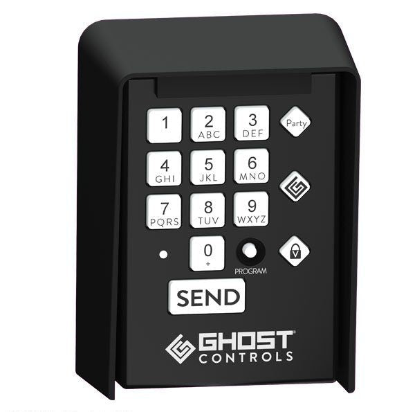A black Ghost Controls wireless keypad with a numeric grid and dedicated function buttons.