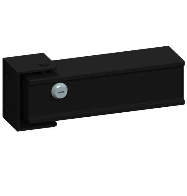 A black automatic gate lock with a keyed cylinder and a mounting bracket.