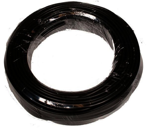 A coil of black, 16-gauge, two-conductor low voltage wire wrapped in clear plastic.