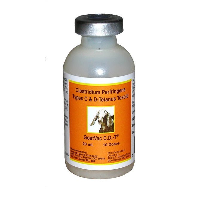 A 20 ml vial of GoatVac CDT vaccine for goats, sheep, and cattle.