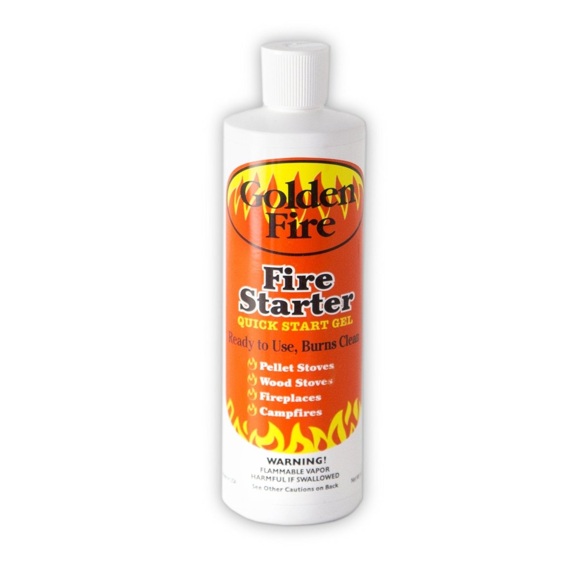 A white plastic bottle of Golden Fire Starter gel with an orange label featuring flame graphics.