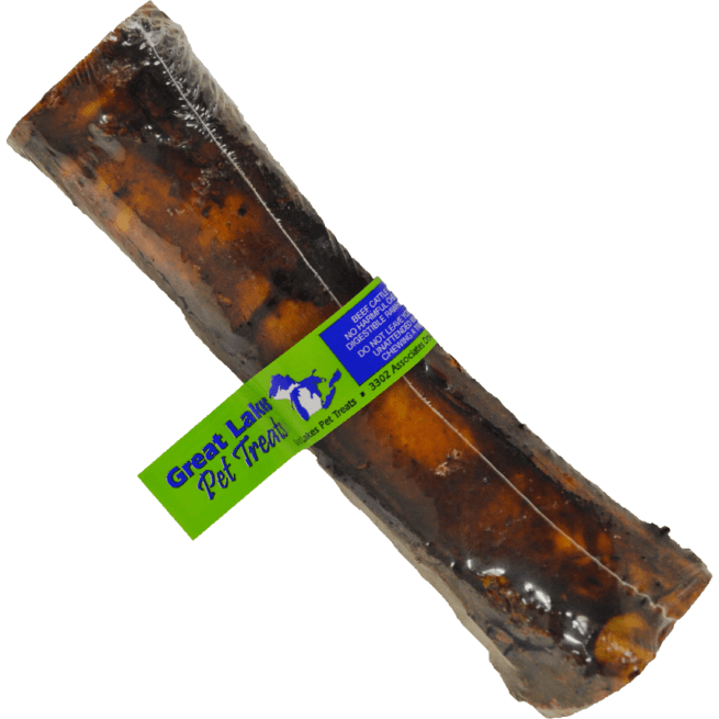A 5 to 7 inch meaty beef shank bone wrapped in clear plastic with a Great Lakes Pet Treats label.